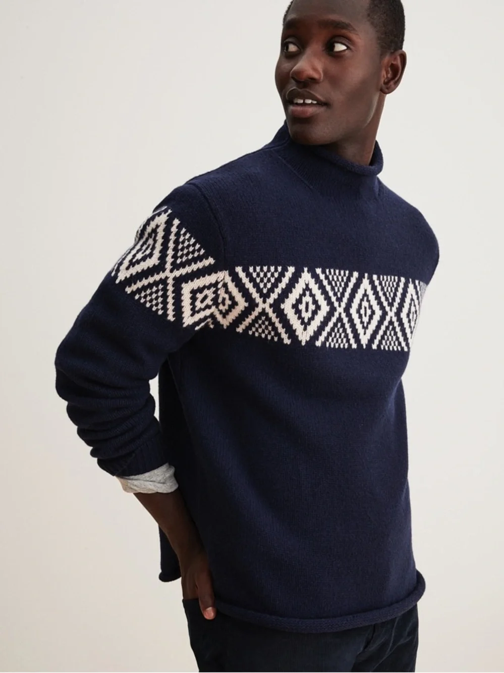 J.Crew Mens 100% Lambs Wool Fair Isle Nordic Ski Sweater Blue White Rolled Hem M